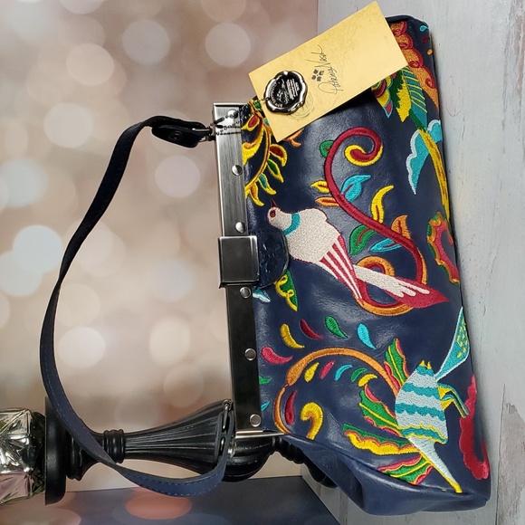 Patricia Nash | Patriot Blue Embroidery Bird of Paradise Ferrara Leather Satchel - Picture 1 of 11